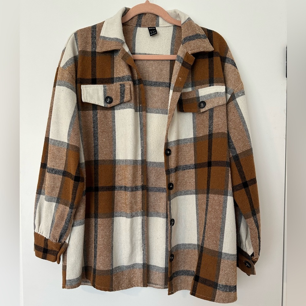 SHEIN Brown and Cream Plaid Shaket